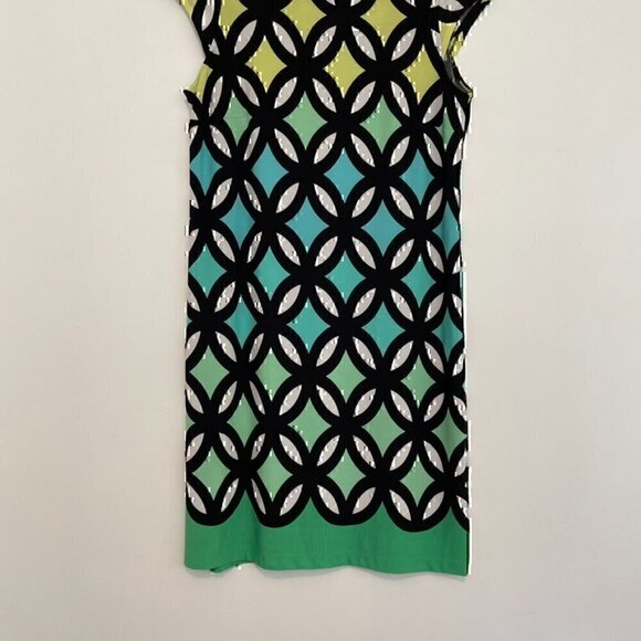 MADISON LEIGH Black White Green Geometric Print Short Cap Sleeve Sheath Dress 12 - Picture 4 of 14